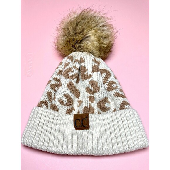 C.C. Leopard Print Knit Beanie  Faux Fur Pom Womens Winter Hat Trendy Acrylic - Picture 1 of 8